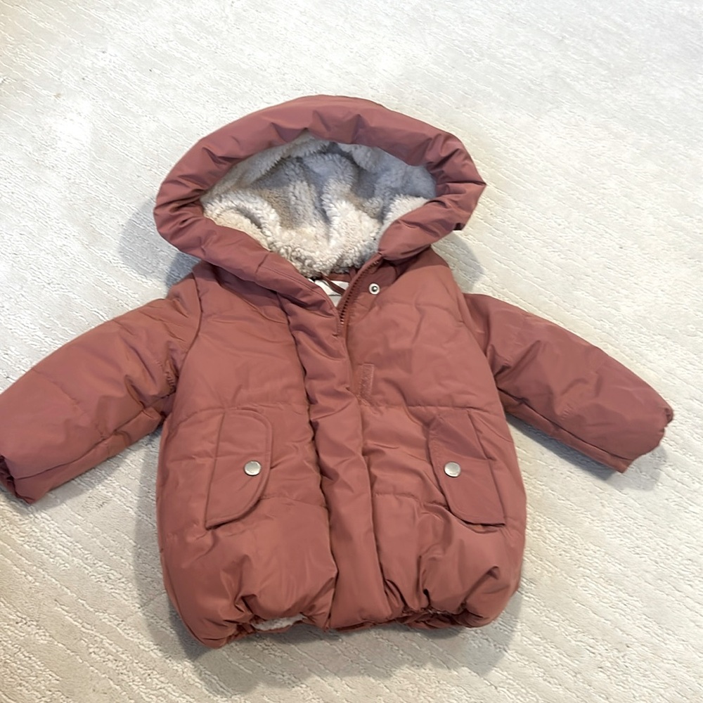 Blumind girl puffer jacket dusty rose Sherpa lined pocket hooded winter coat 18m